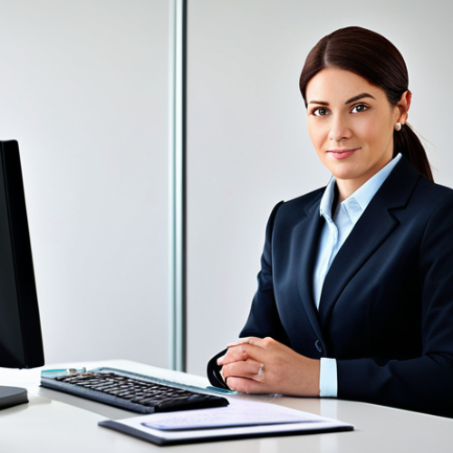 Home 7 ** A professional businesswoman in a modest business suit, sitting at a desk in a modern office, fully clothed, appropriate attire, safe for work, perfect anatomy, natural proportions, professional photography, high quality, family-friendly.
**