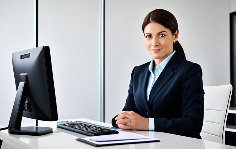 ** A professional businesswoman in a modest business suit, sitting at a desk in a modern office, fully clothed, appropriate attire, safe for work, perfect anatomy, natural proportions, professional photography, high quality, family-friendly.

**